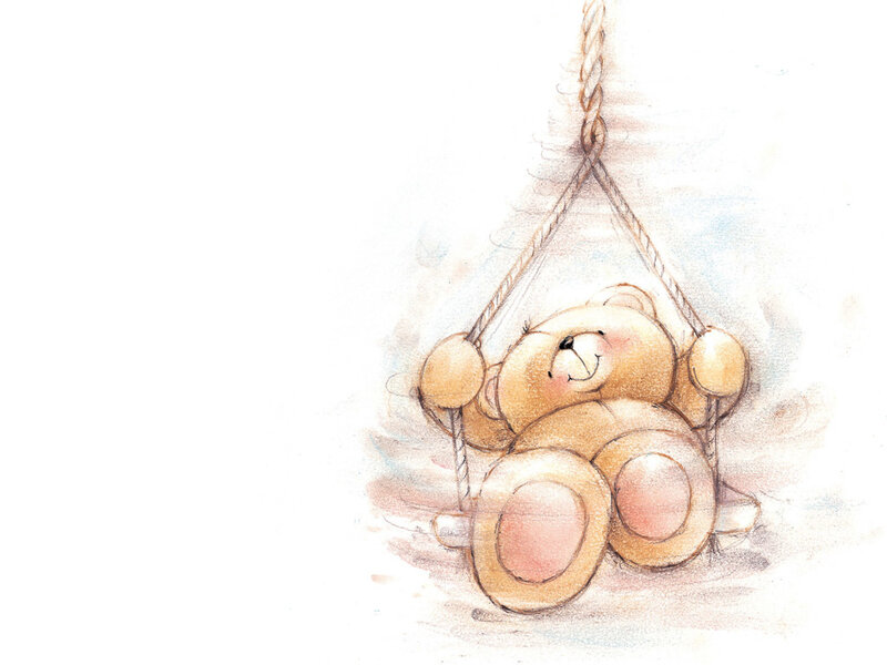 Teddy Bear on Swing — Brown, Calm, Illustration