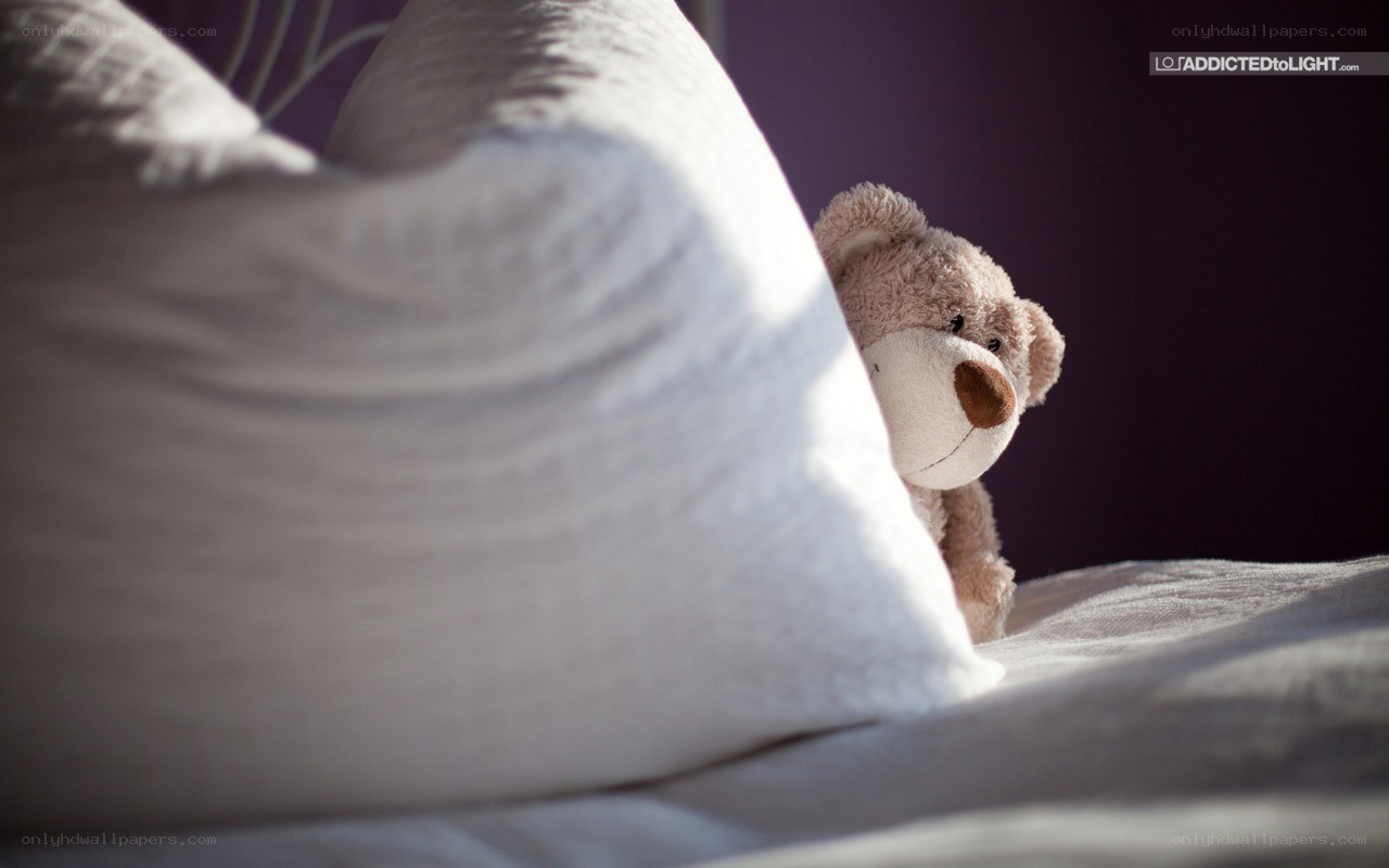 teddy bear peeking from behind pillow