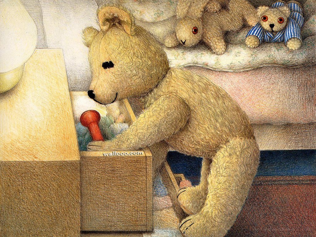 Teddy bear playing with toys