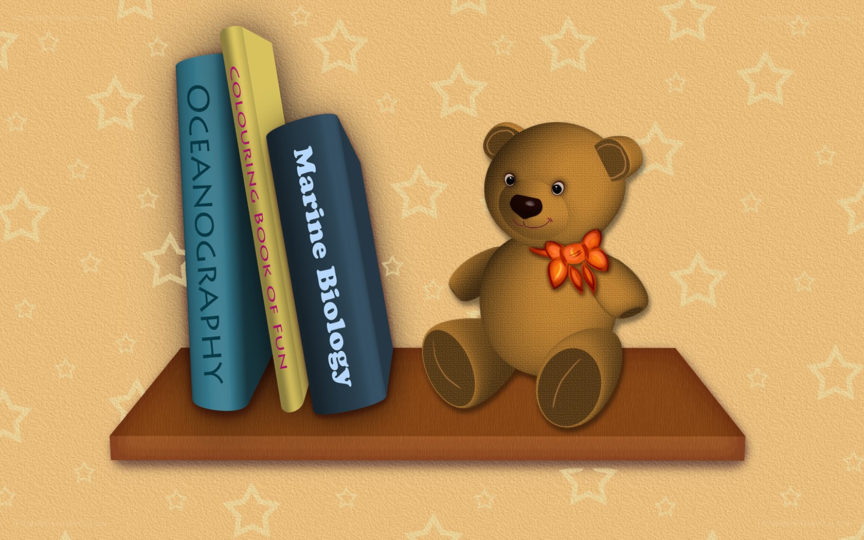 Teddy bear with books on shelf