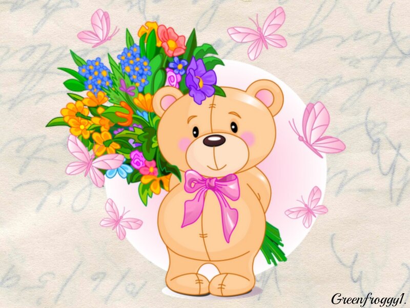Teddy Bear with Flowers — Brown, Cheerful, Digital Art