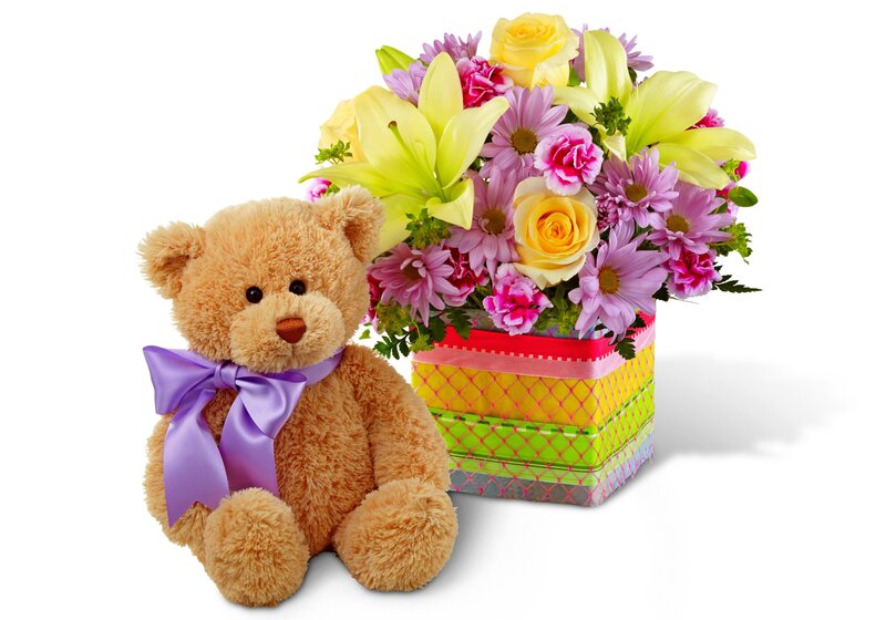 Teddy Bear with Flowers — Brown, Cheerful