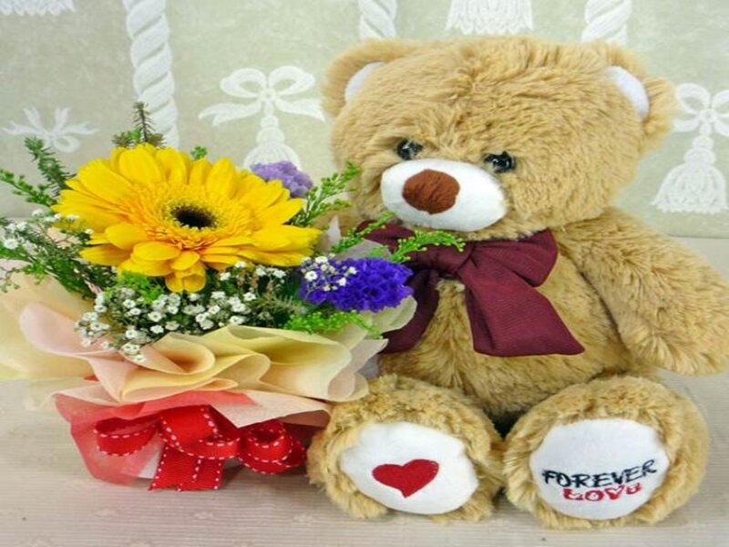 Teddy Bear with Flowers — Brown, Sentimental