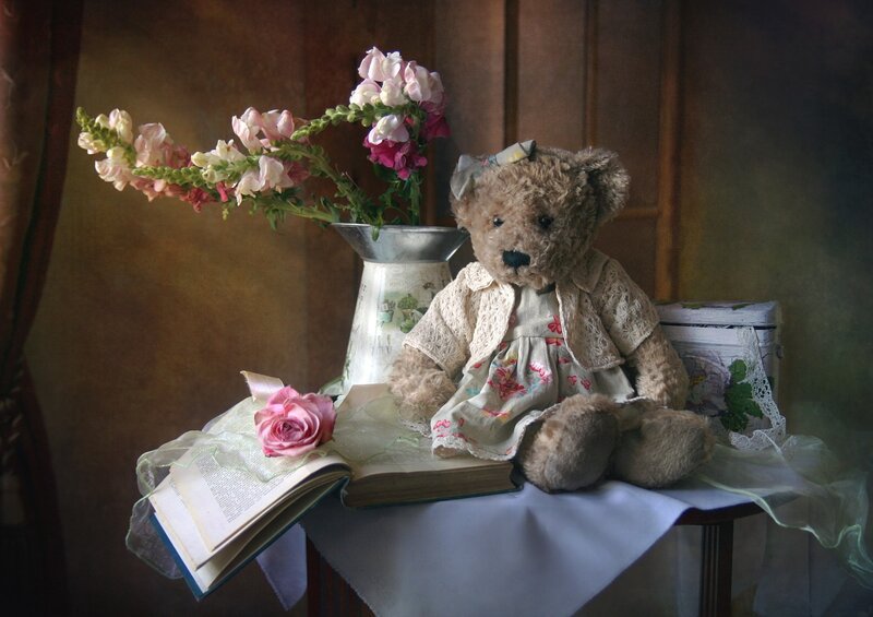 Teddy Bear with Flowers — Brown, Serene, Photograph