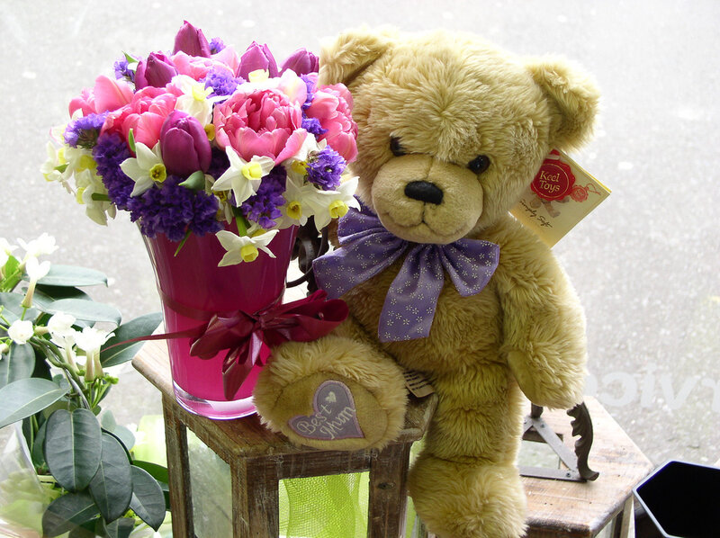 Teddy Bear with Flowers — Brown