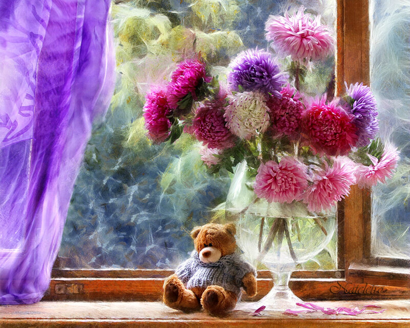 Teddy Bear with Flowers — Purple, Serene