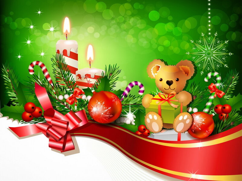 Teddy Bear with Gift — Green, Festive