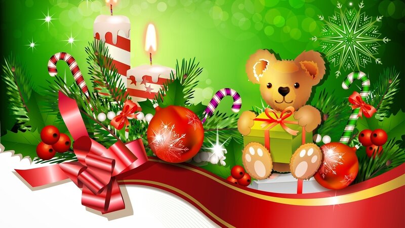 Teddy Bear with Gift — Green, Festive, Winter