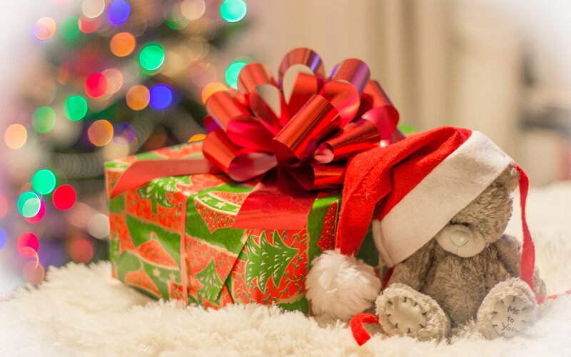 Teddy Bear with Gift — Red, Festive, Winter, Photograph