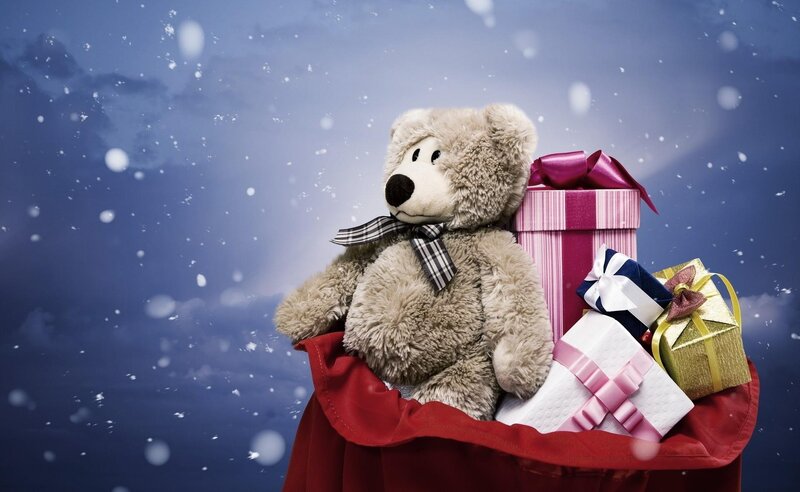 Teddy Bear with Gifts — Blue, Festive, Winter