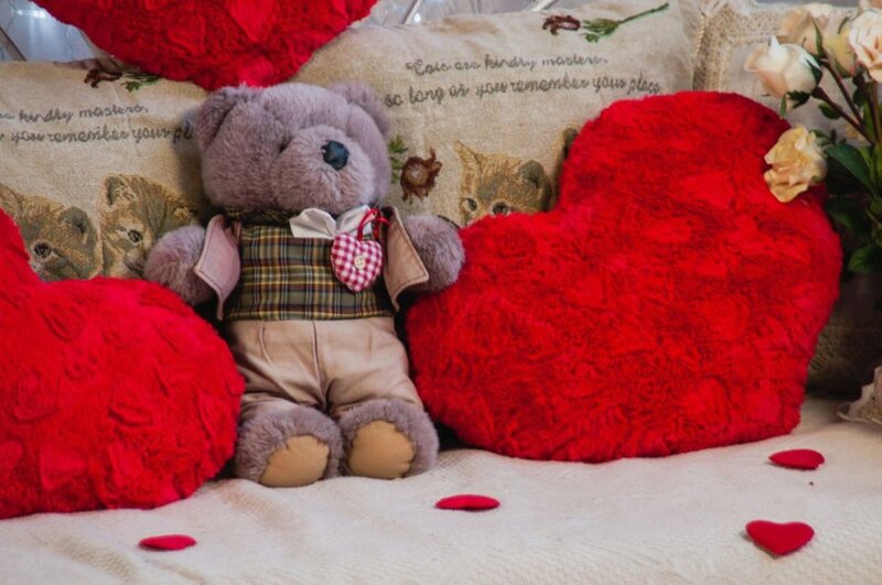 Teddy Bear with Heart Pillows