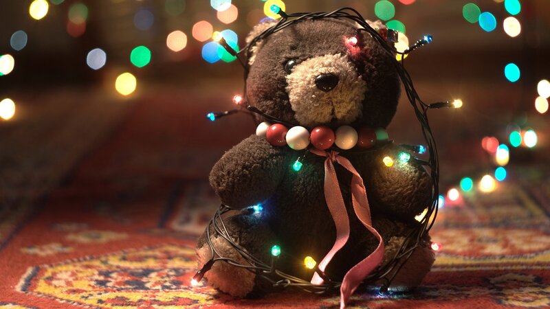 Teddy Bear with Lights — Brown, Festive, Night, Photograph