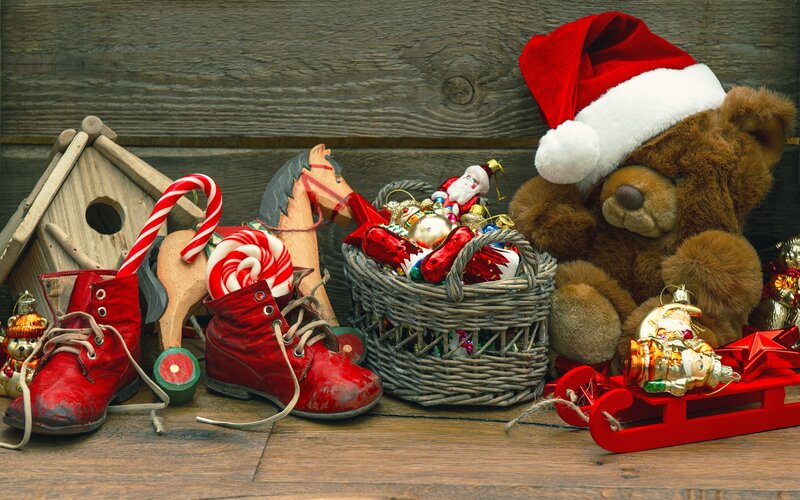 Teddy Bear with Ornaments — Red, Festive, Winter, Photograph