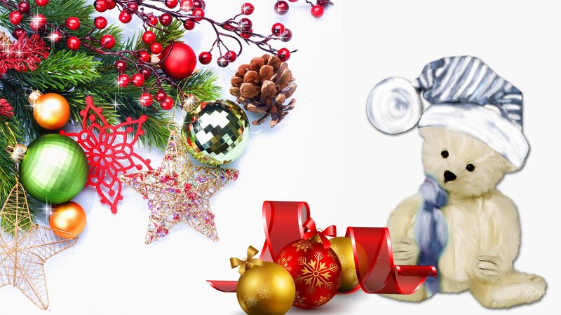 Teddy Bear with Ornaments — White