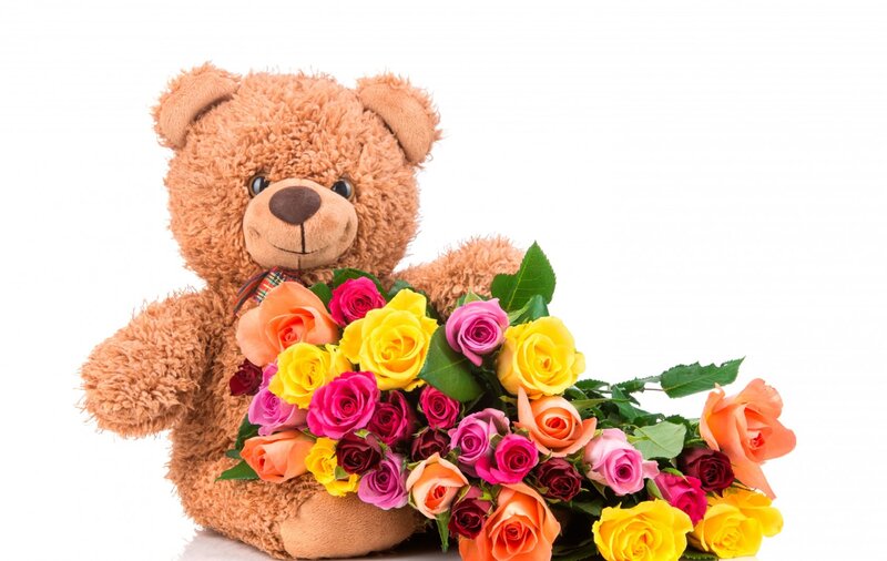 Teddy Bear with Roses — Brown, Calm, Photograph, Bow Tie, Flowers
