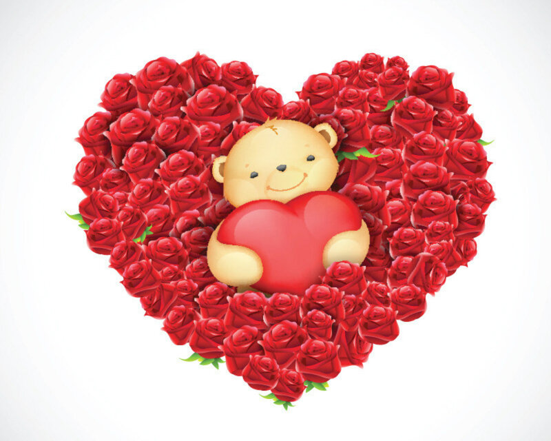 Teddy Bear with Roses — Red, Romantic, Vector Art