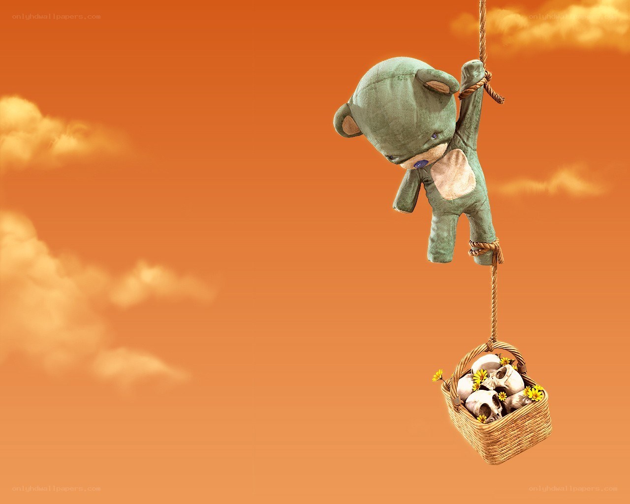 Teddy bear with skulls in basket