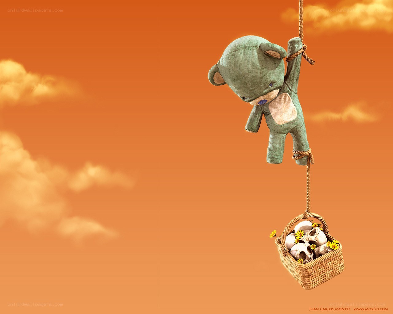 Teddy bear with skulls in basket
