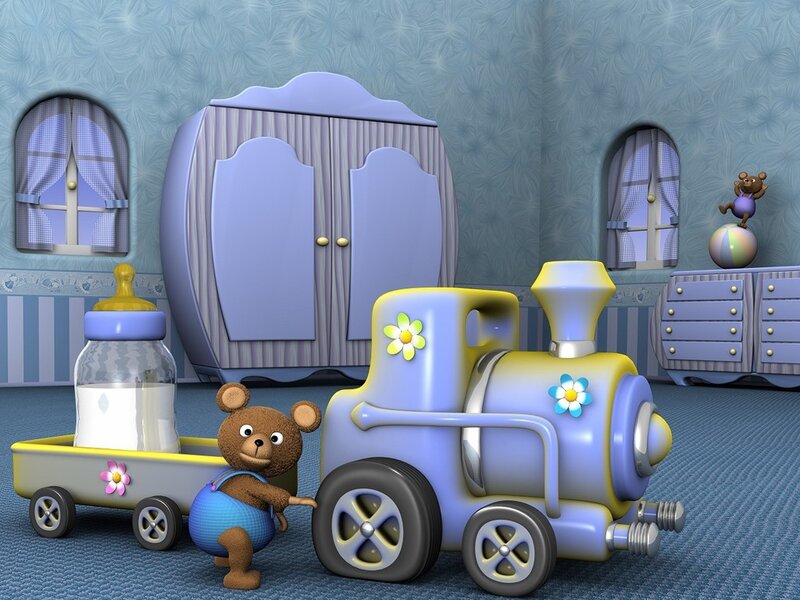 Teddy Bear with Toy Train — Blue