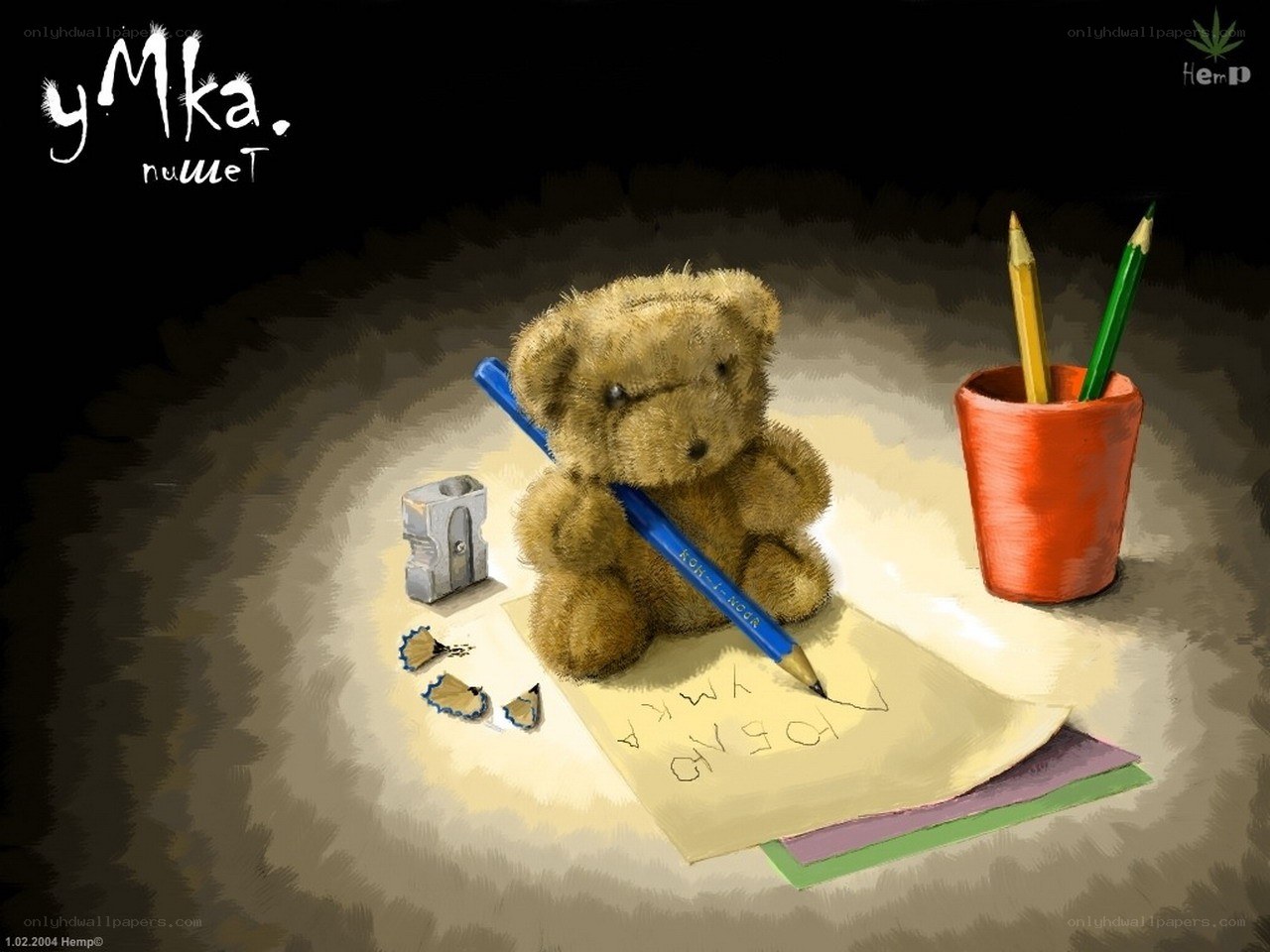 teddy bear writing with pencil