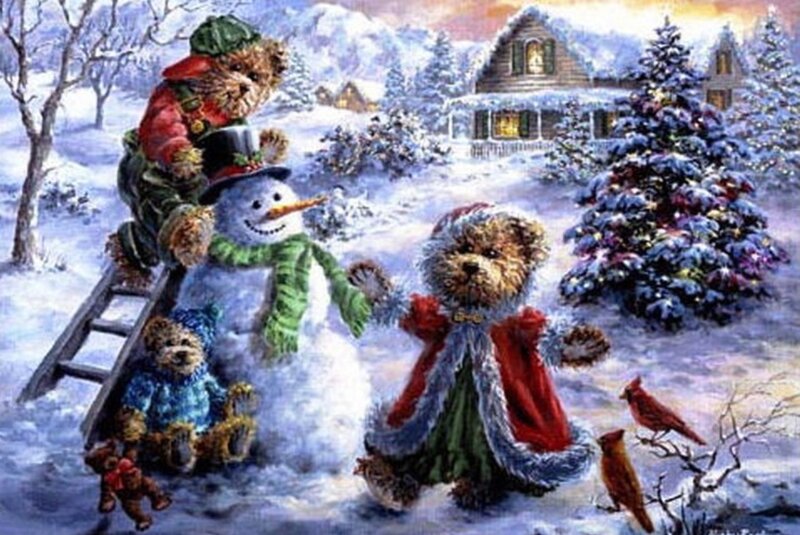 Teddy Bears Building Snowman — White
