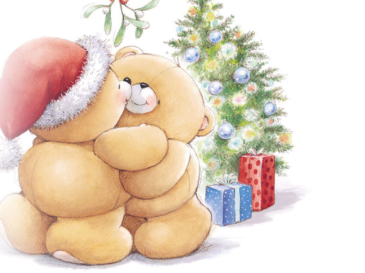 Teddy bears hugging by Christmas tree