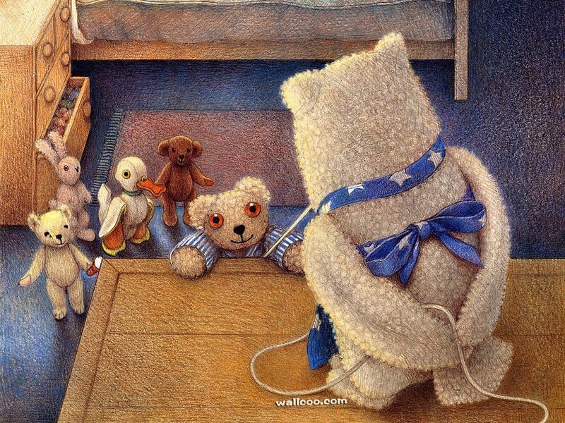 Teddy bears in a bedroom