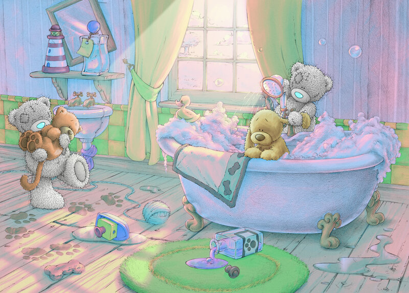 Teddy Bears in Bathtub — Blue, Playful