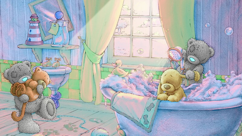 Teddy Bears in Bathtub — Blue
