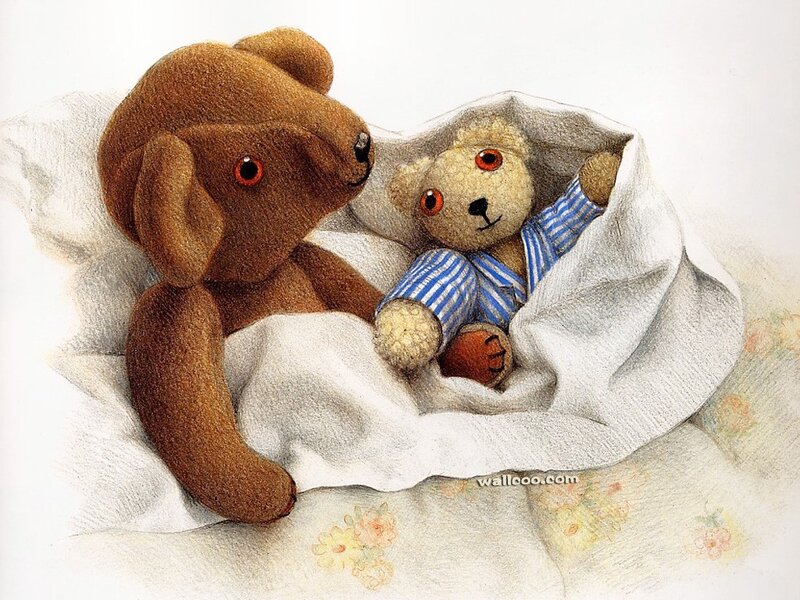 Teddy bears in bed