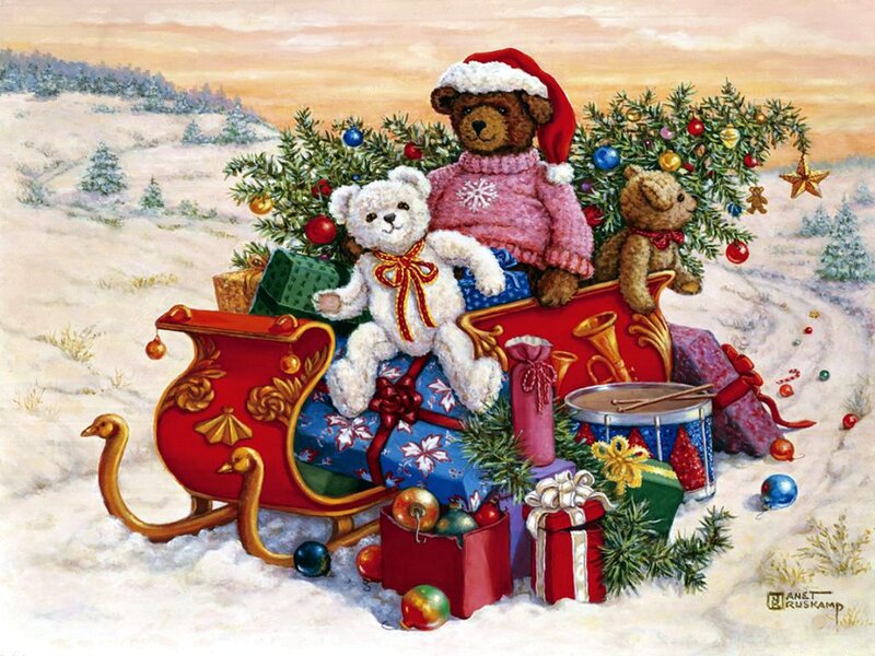 Teddy Bears in Sleigh — Red