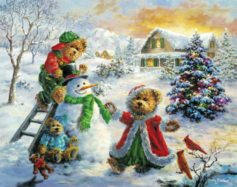 Teddy Bears in Snow — White