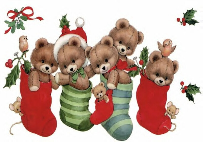 Teddy Bears in Stockings — Red, Festive