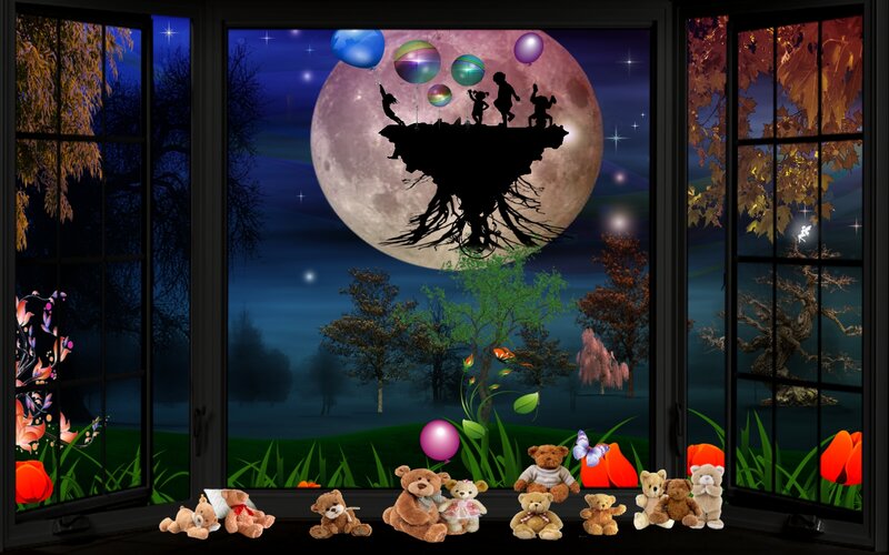 Teddy Bears on Windowsill — Black