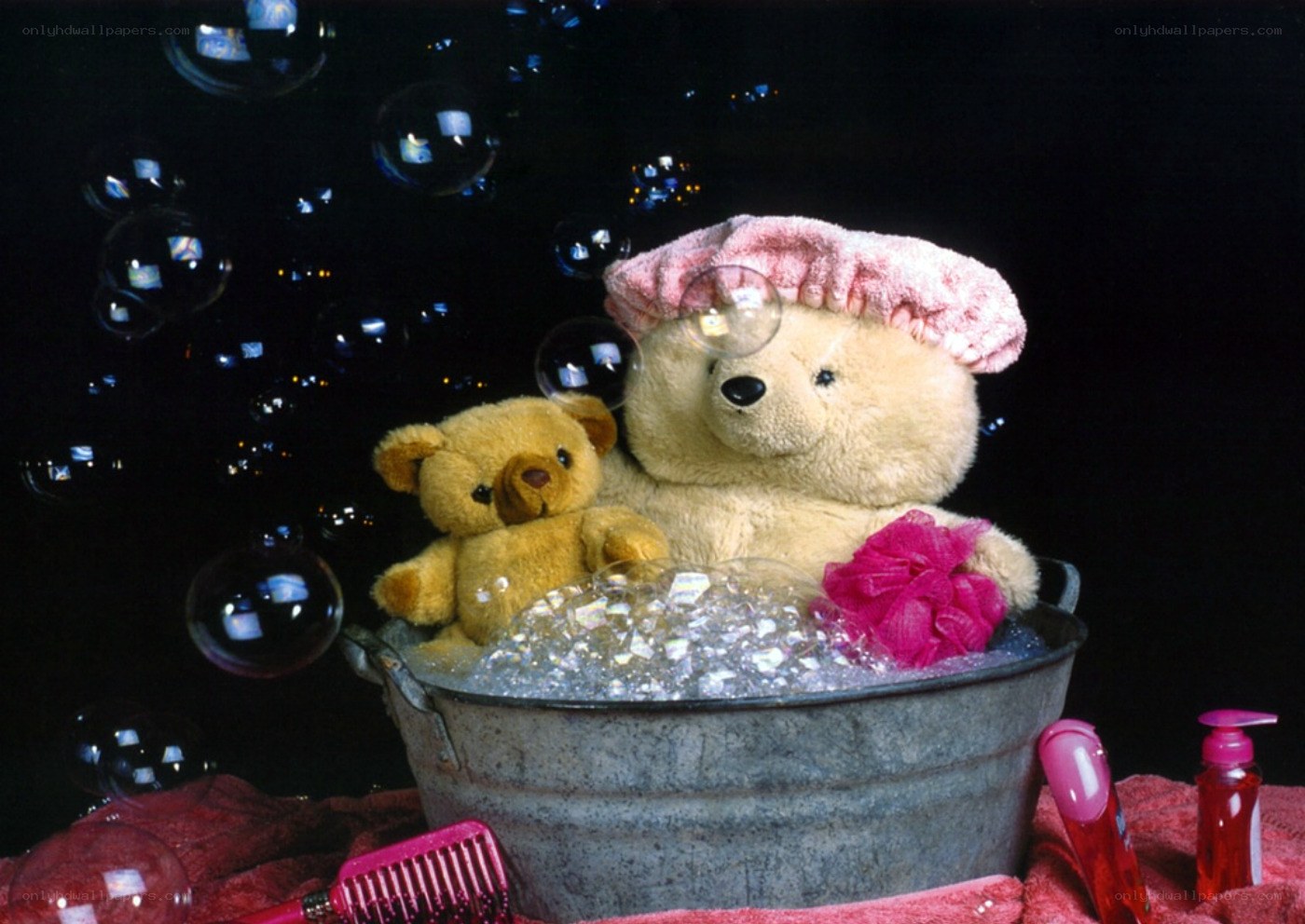 Teddy bears taking a bubble bath
