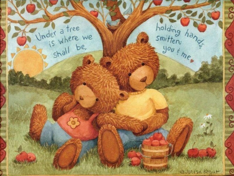 Teddy bears under an apple tree