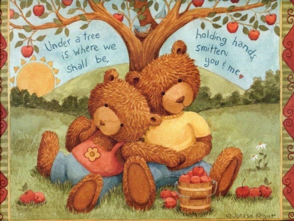 Teddy bears under an apple tree