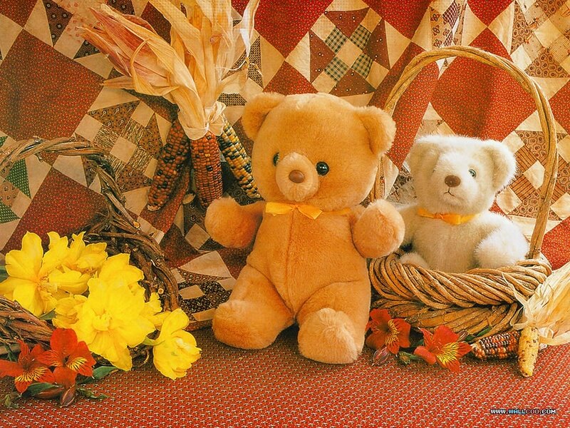 Teddy bears with autumn flowers
