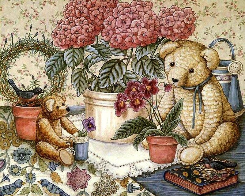 Teddy Bears with Flowers — Pink