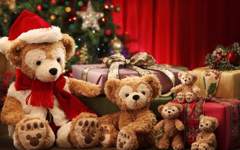Teddy Bears with Gifts — Red, Festive, Winter, Photograph