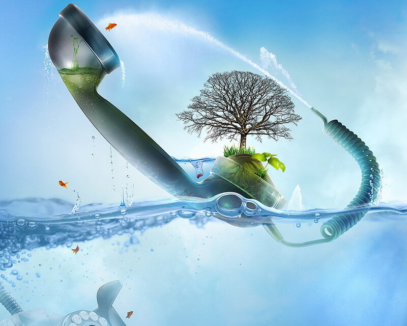 Telephone Handset with Tree — Blue, Serene, Digital Art