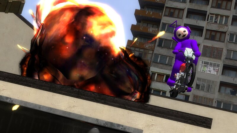 Teletubbies character on bike near explosion