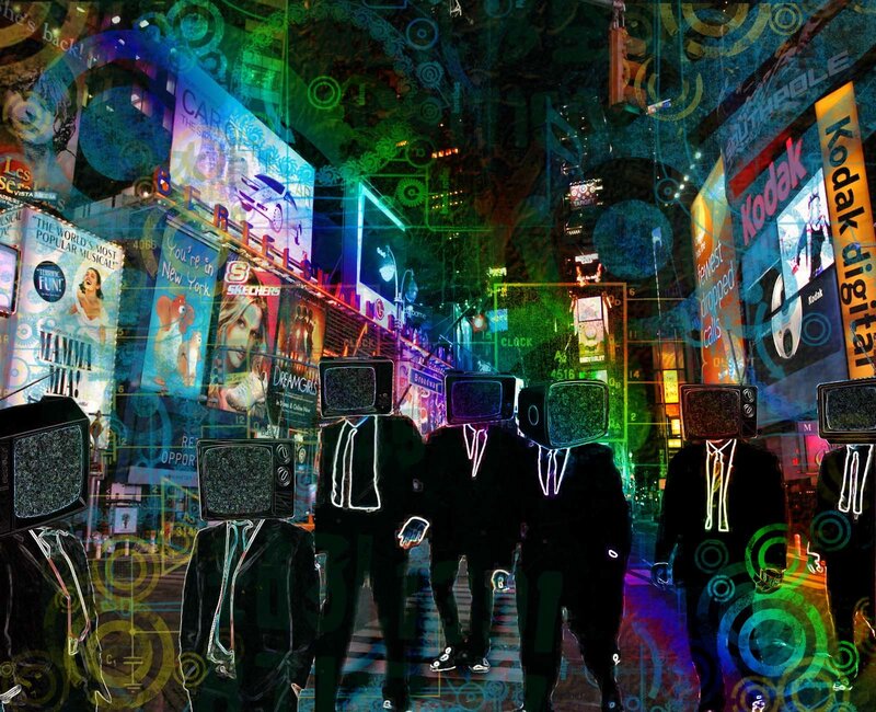 television-headed figures in city