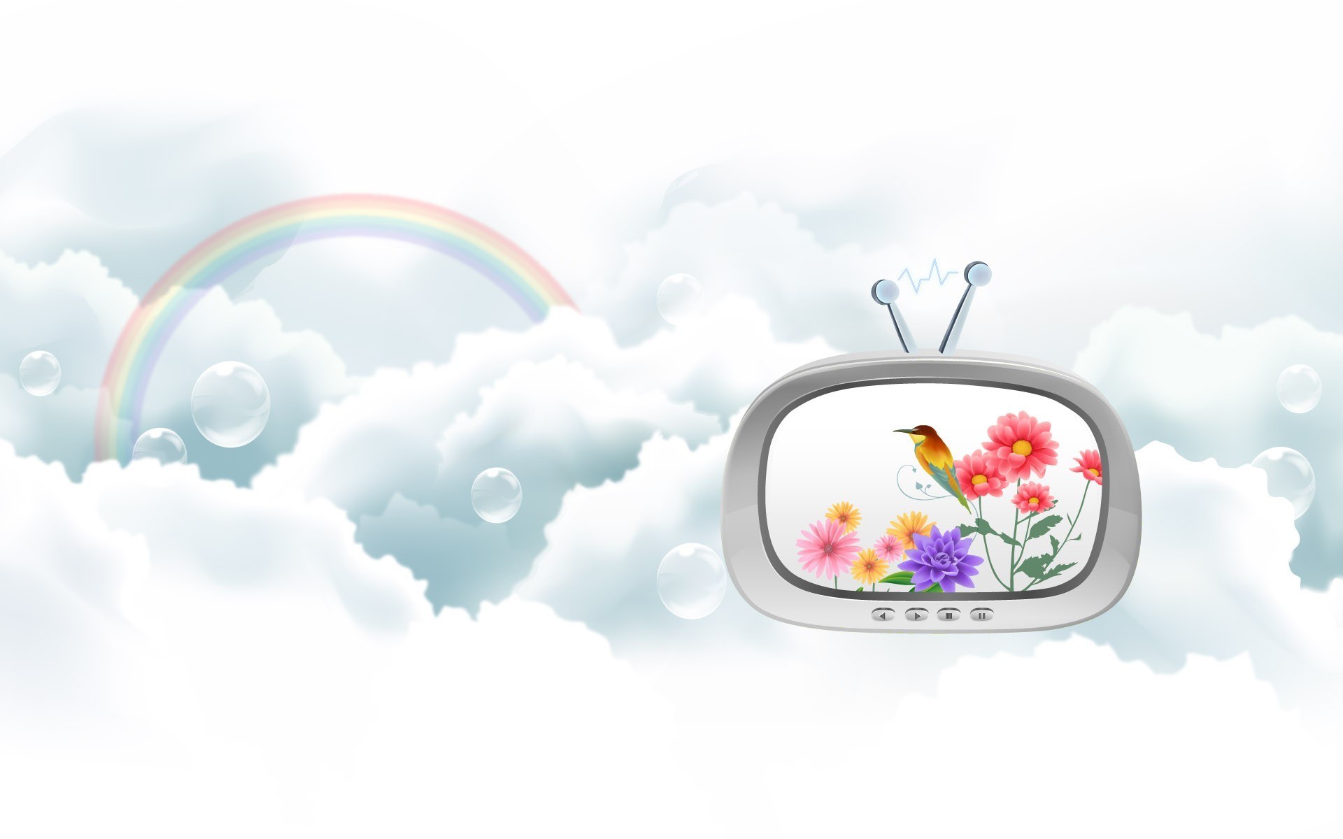 television with flowers and rainbow