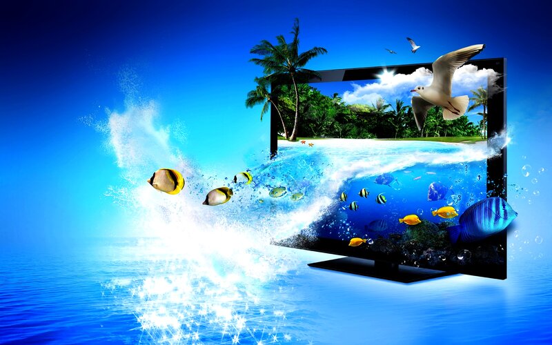 Television with Ocean Scene — Blue, Vibrant