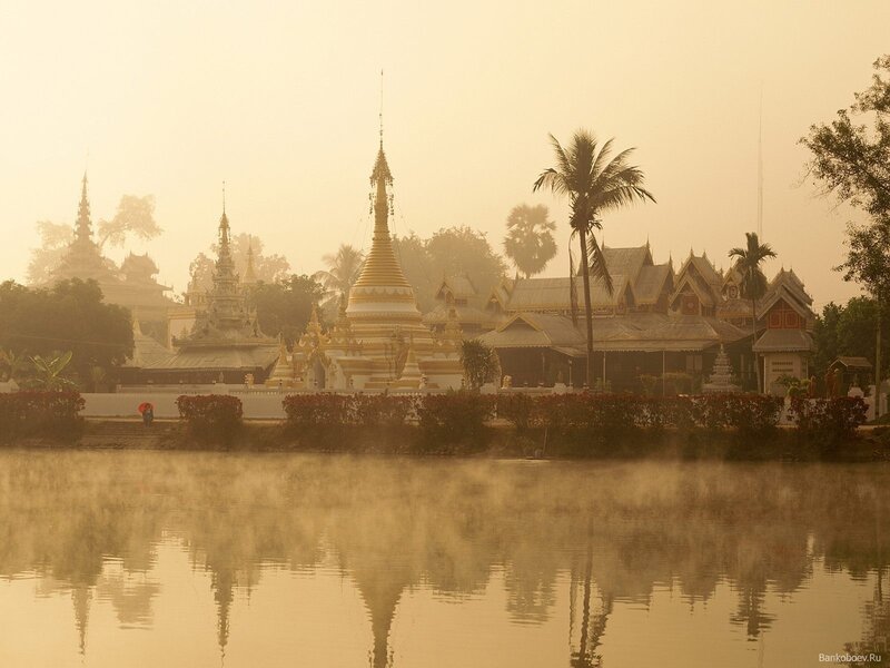 Temple at dawn by the lake