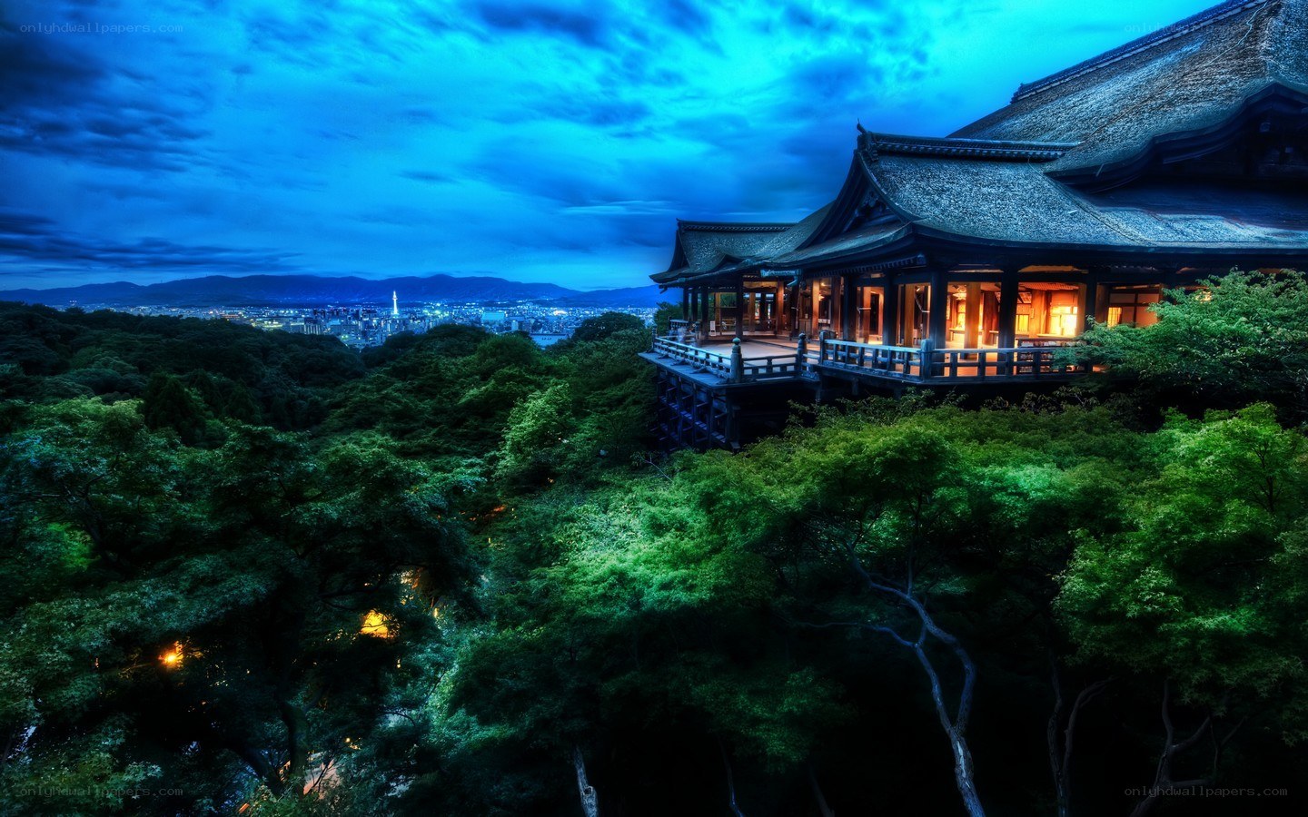 Temple at dusk overlooking city