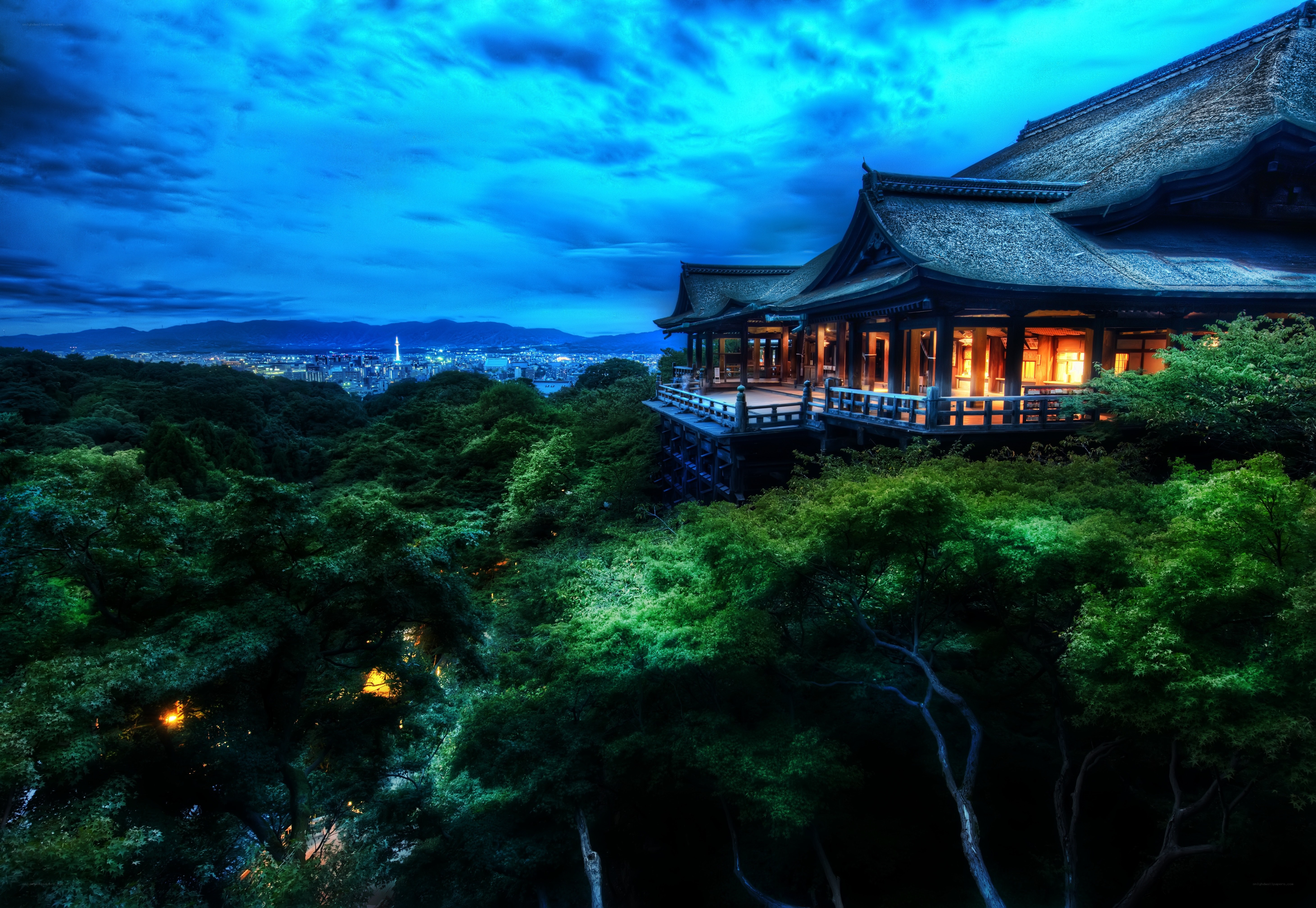 Temple at dusk overlooking city