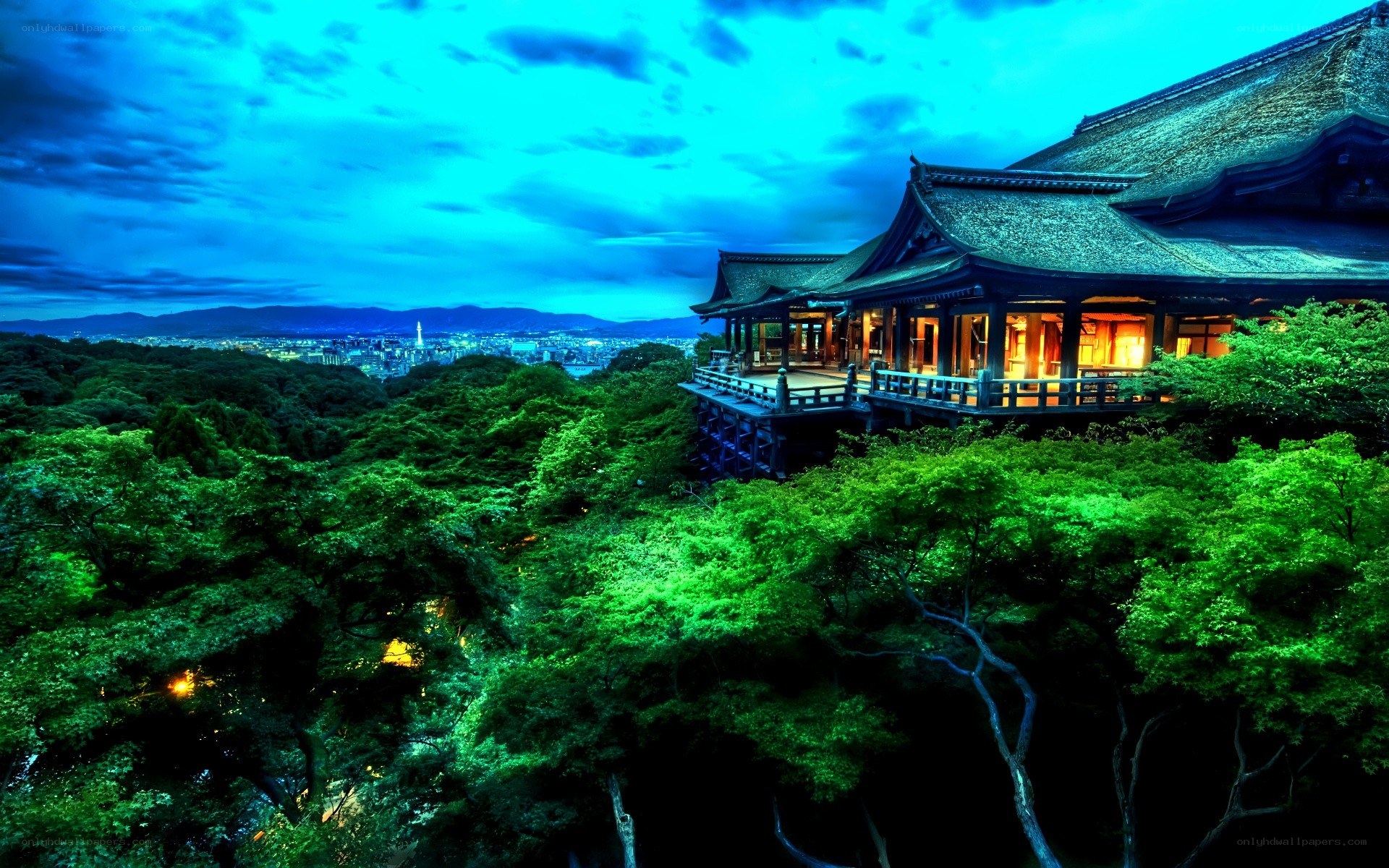 Temple at dusk overlooking city