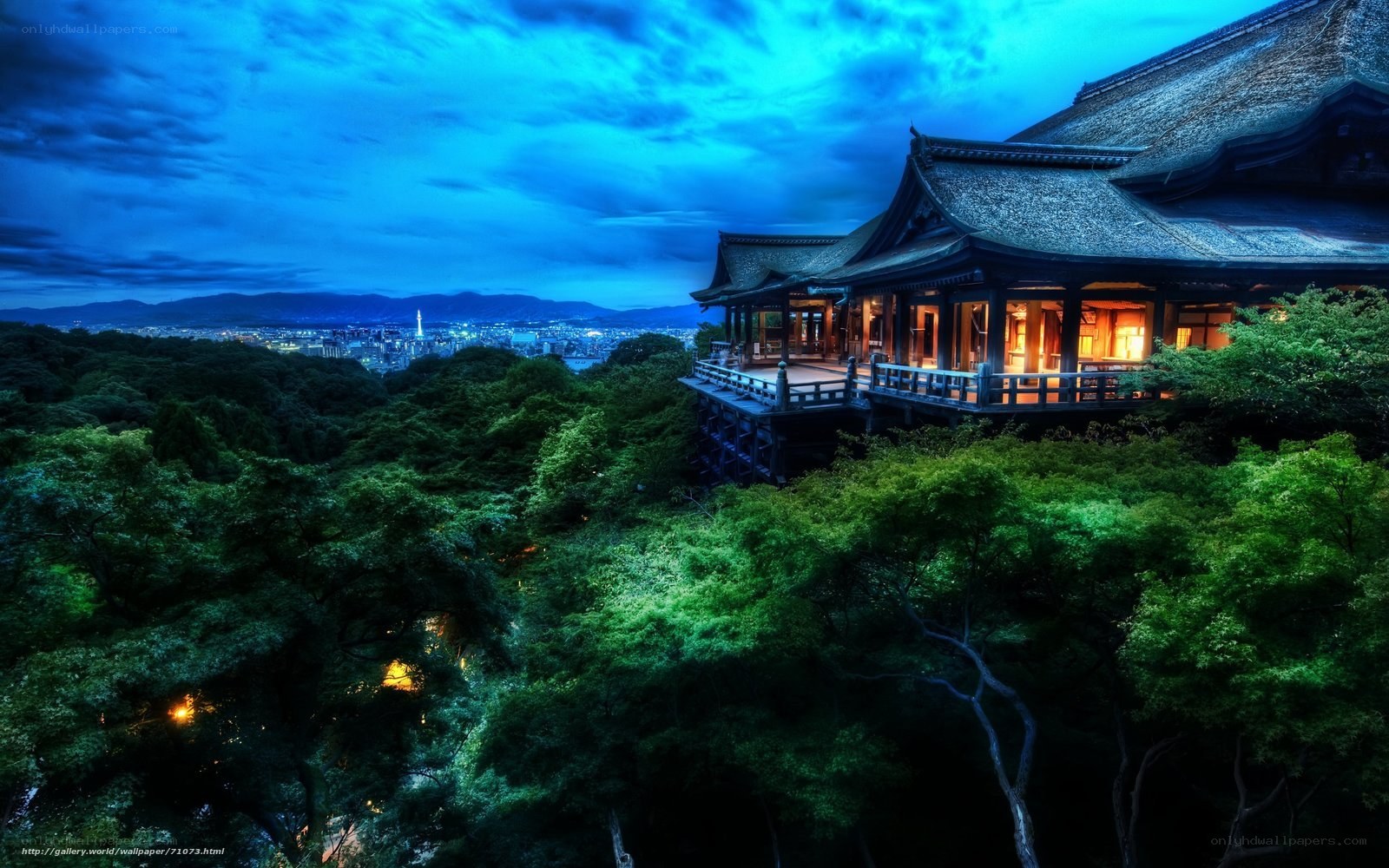 Temple at dusk overlooking city